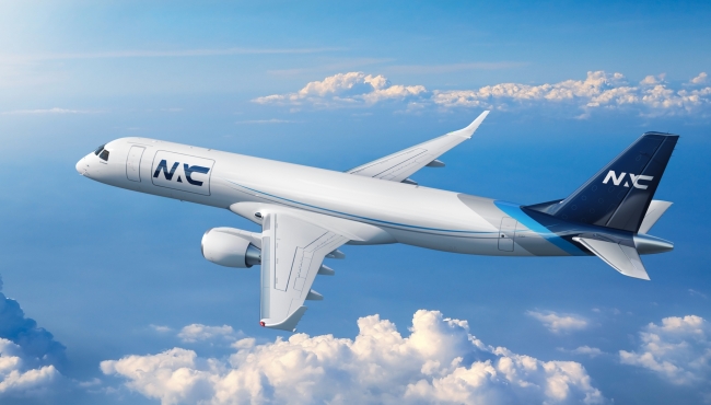 A digital rendering of an Embraer 190 passenger to freighter conversion aircraft in the livery of Nordic Aviation Capital (NAC)